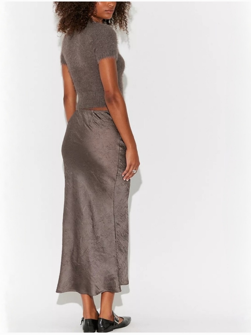 1230. FREE PEOPLE Alexandra Crushed Satin Maxi Skirt Set in Gravel Rock NWT $168 - Picture 2 of 8